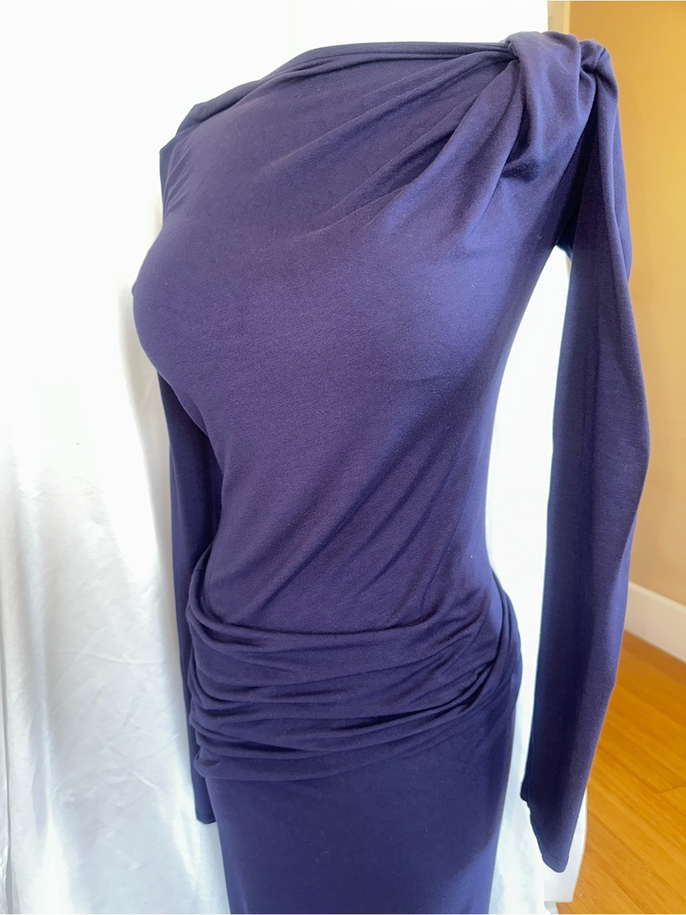 bebe Purple Long Sleeved Draped Ankle Length Dress, Medium.
